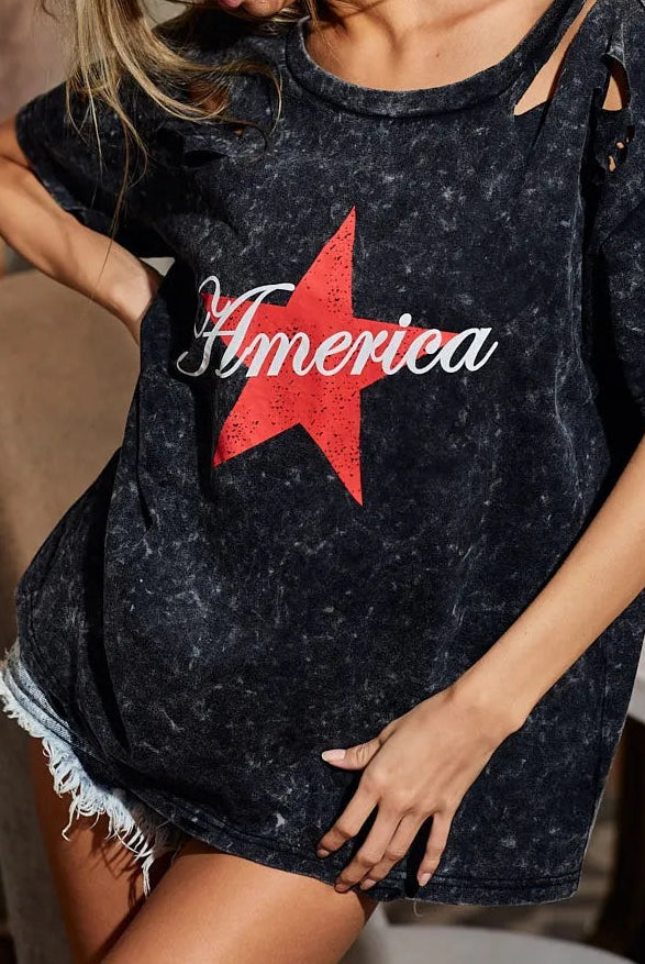 BiBi Laser Cut Mineral Washed Jersey Top with America-Tops-Krush Kandy, Women's Online Fashion Boutique Located in Phoenix, Arizona (Scottsdale Area)