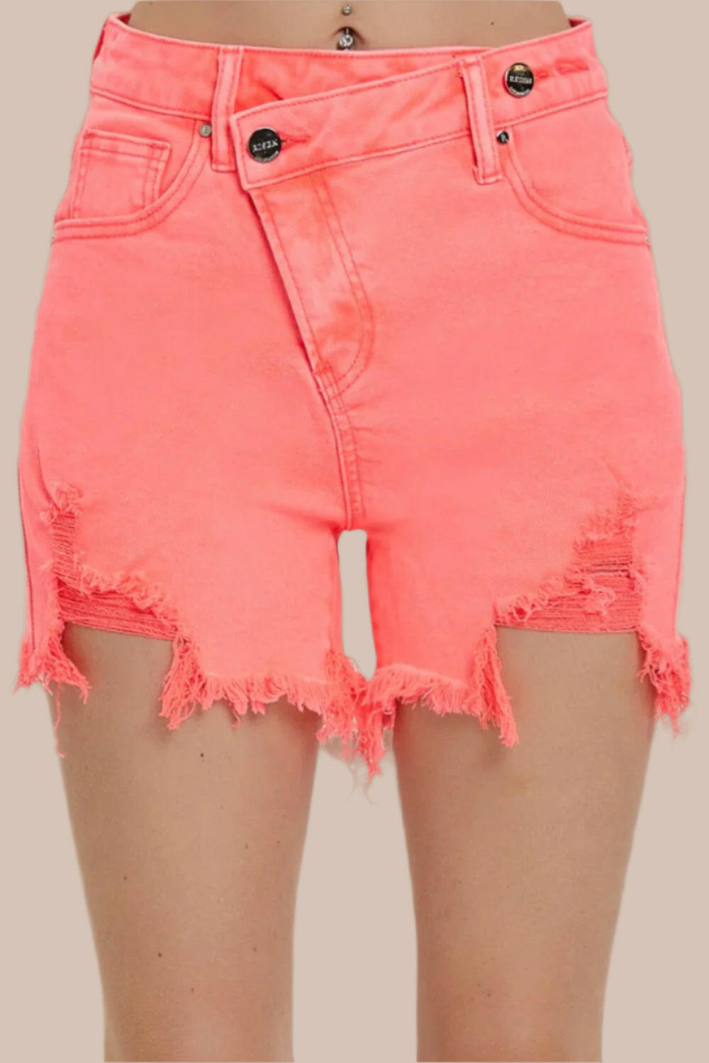 Risen Raw Hem Asymmetrical Waist Denim Shorts-Denim-Krush Kandy, Women's Online Fashion Boutique Located in Phoenix, Arizona (Scottsdale Area)