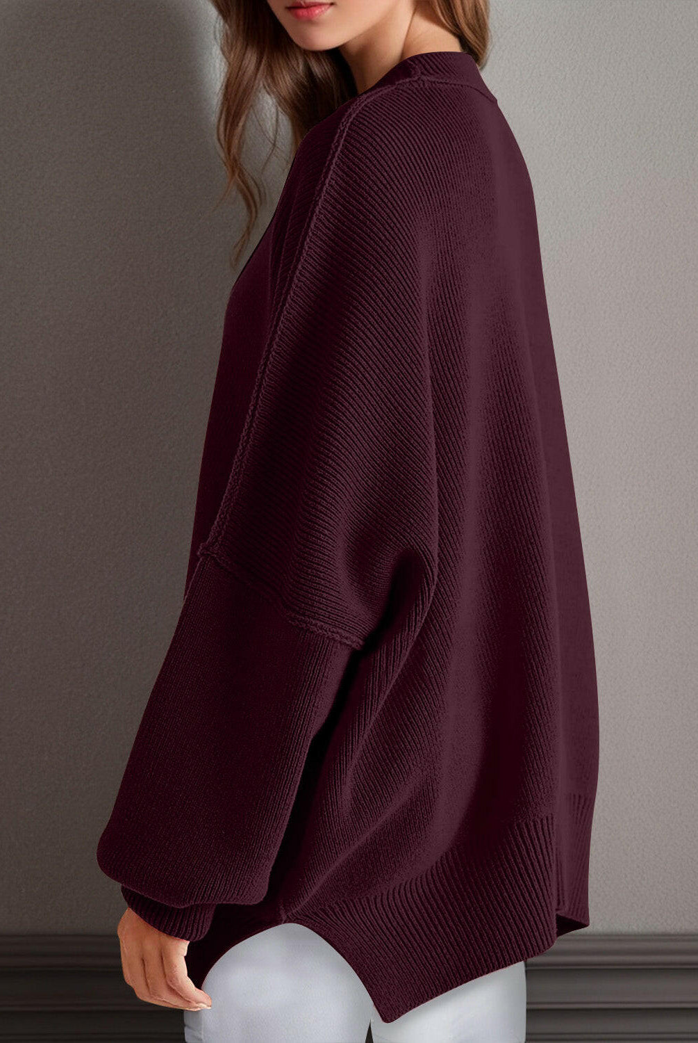 Double Take Side Slit Round Neck Long Sleeve Sweater-Sweaters-Krush Kandy, Women's Online Fashion Boutique Located in Phoenix, Arizona (Scottsdale Area)