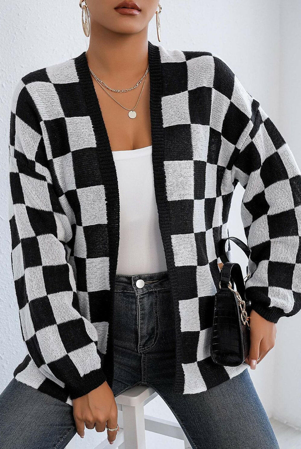 Checkered Open Front Long Sleeve Cardigan-Cardigans-Krush Kandy, Women's Online Fashion Boutique Located in Phoenix, Arizona (Scottsdale Area)