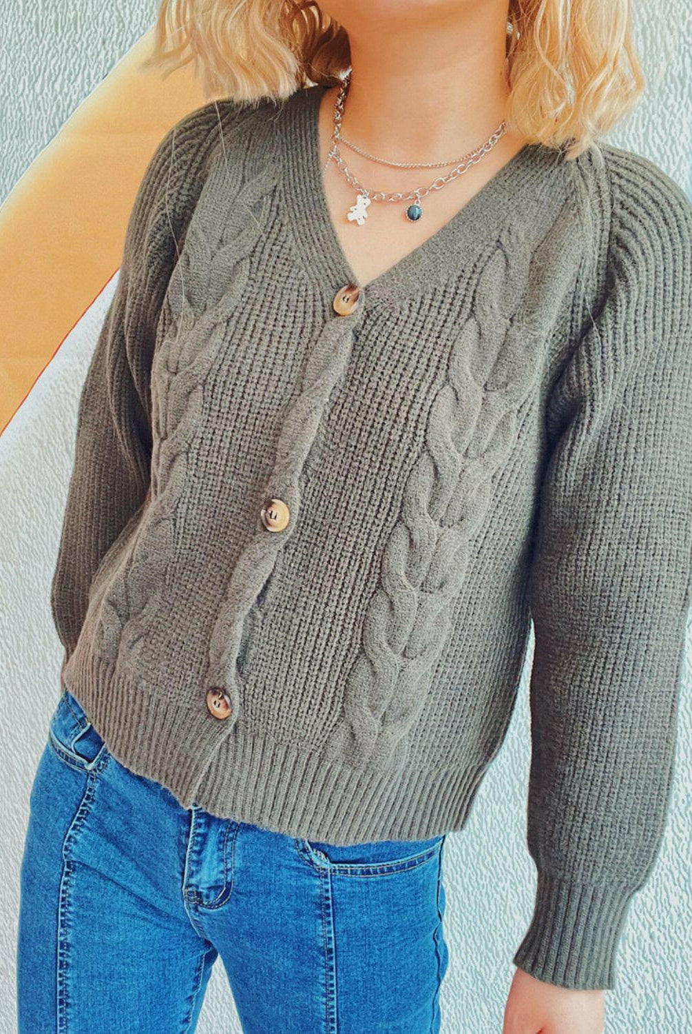Cable-Knit V-Neck Button Down Long Sleeve Cardigan-Krush Kandy, Women's Online Fashion Boutique Located in Phoenix, Arizona (Scottsdale Area)