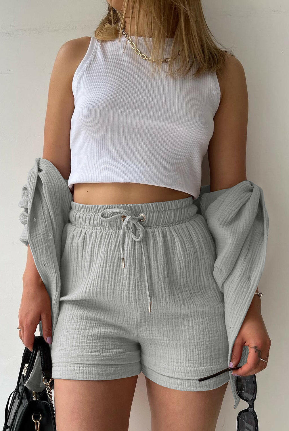 Kinsley Texture Button-Up Shirt and Drawstring Shorts Set-Krush Kandy, Women's Online Fashion Boutique Located in Phoenix, Arizona (Scottsdale Area)