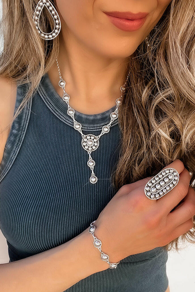 Set The Tone Sterling Concho Lariat Necklace-Lariat and Y Necklaces-Krush Kandy, Women's Online Fashion Boutique Located in Phoenix, Arizona (Scottsdale Area)