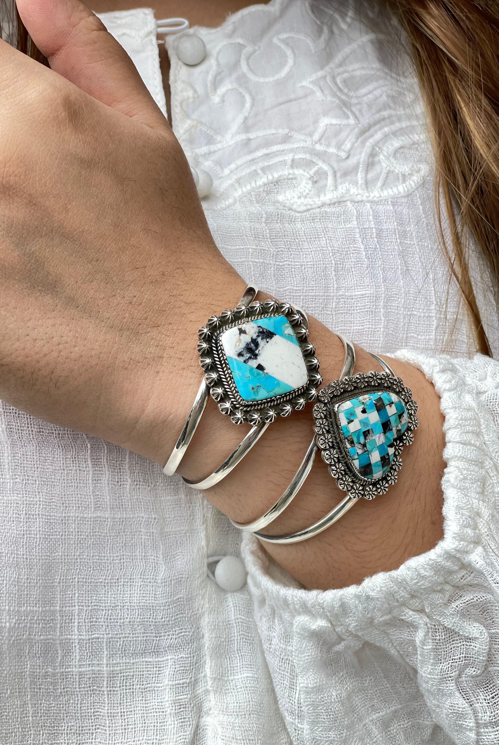 White Buffalo & Turquoise Slab Cuffs Bno. 7-Bracelets-Krush Kandy, Women's Online Fashion Boutique Located in Phoenix, Arizona (Scottsdale Area)