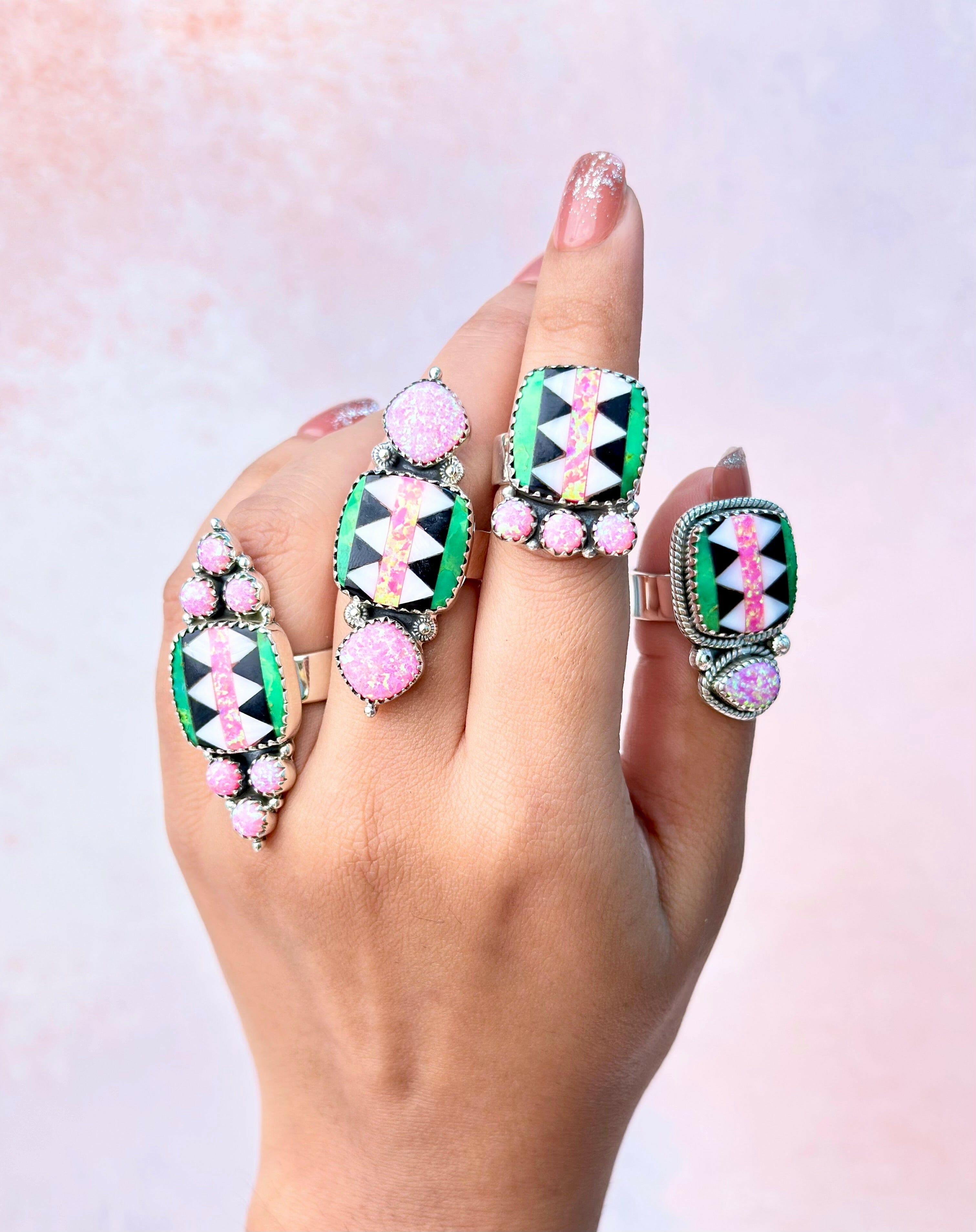 Fiery Pink Opal Aztec Pattern Mixed Rings-Rings-Krush Kandy, Women's Online Fashion Boutique Located in Phoenix, Arizona (Scottsdale Area)