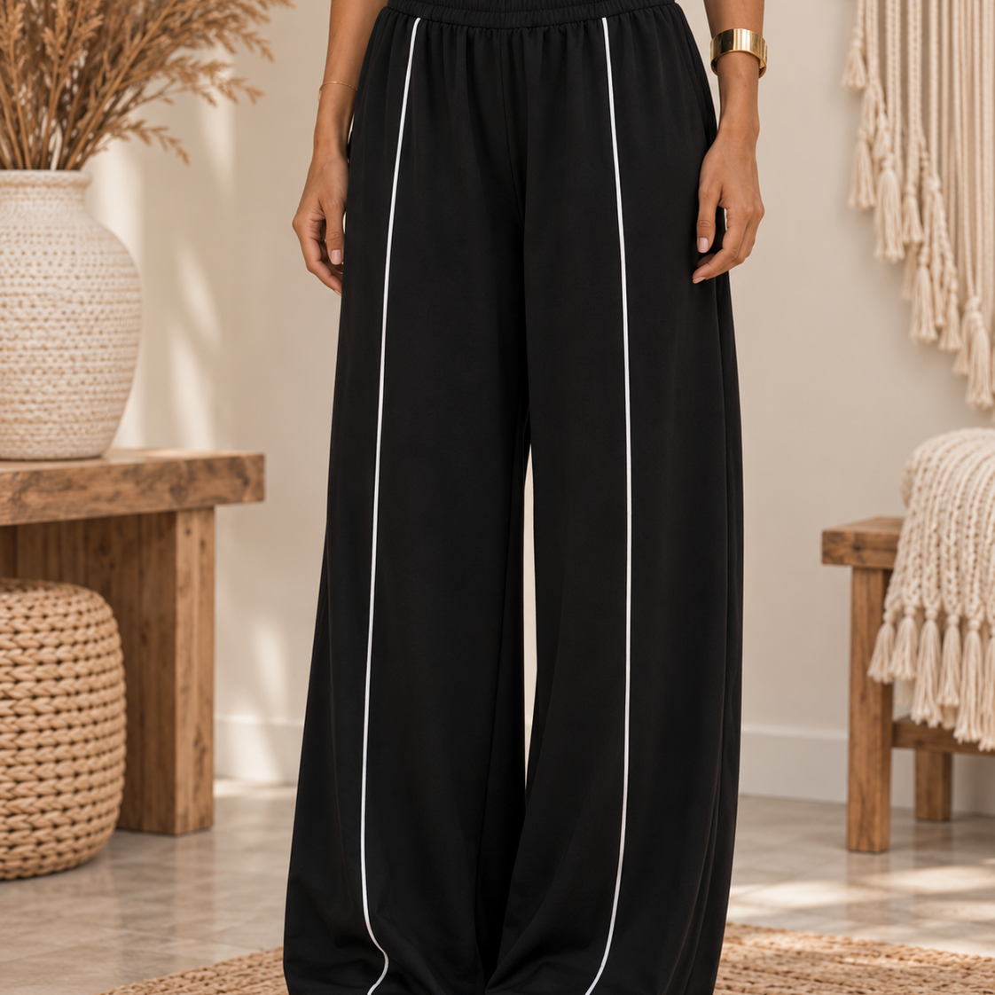 Black Contrast Piping Wide Leg Pants