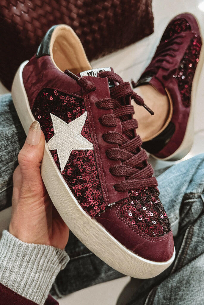 Sangria Sparkle Sequin Leather Sneakers-Sneakers-Krush Kandy, Women's Online Fashion Boutique Located in Phoenix, Arizona (Scottsdale Area)
