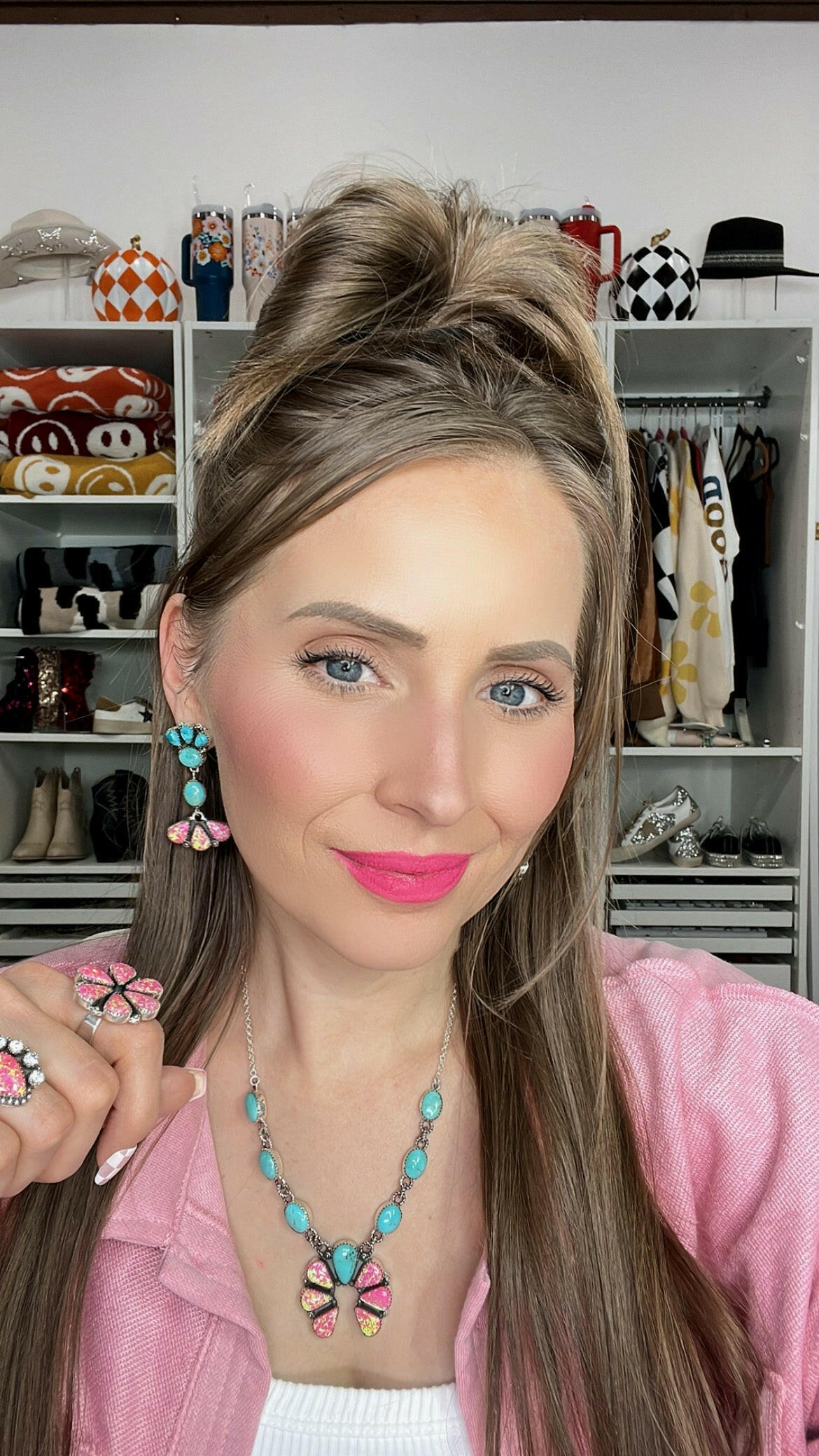 Horseshoe Pink Fire Opal & Turquoise Necklace-Pendant Necklaces-Krush Kandy, Women's Online Fashion Boutique Located in Phoenix, Arizona (Scottsdale Area)