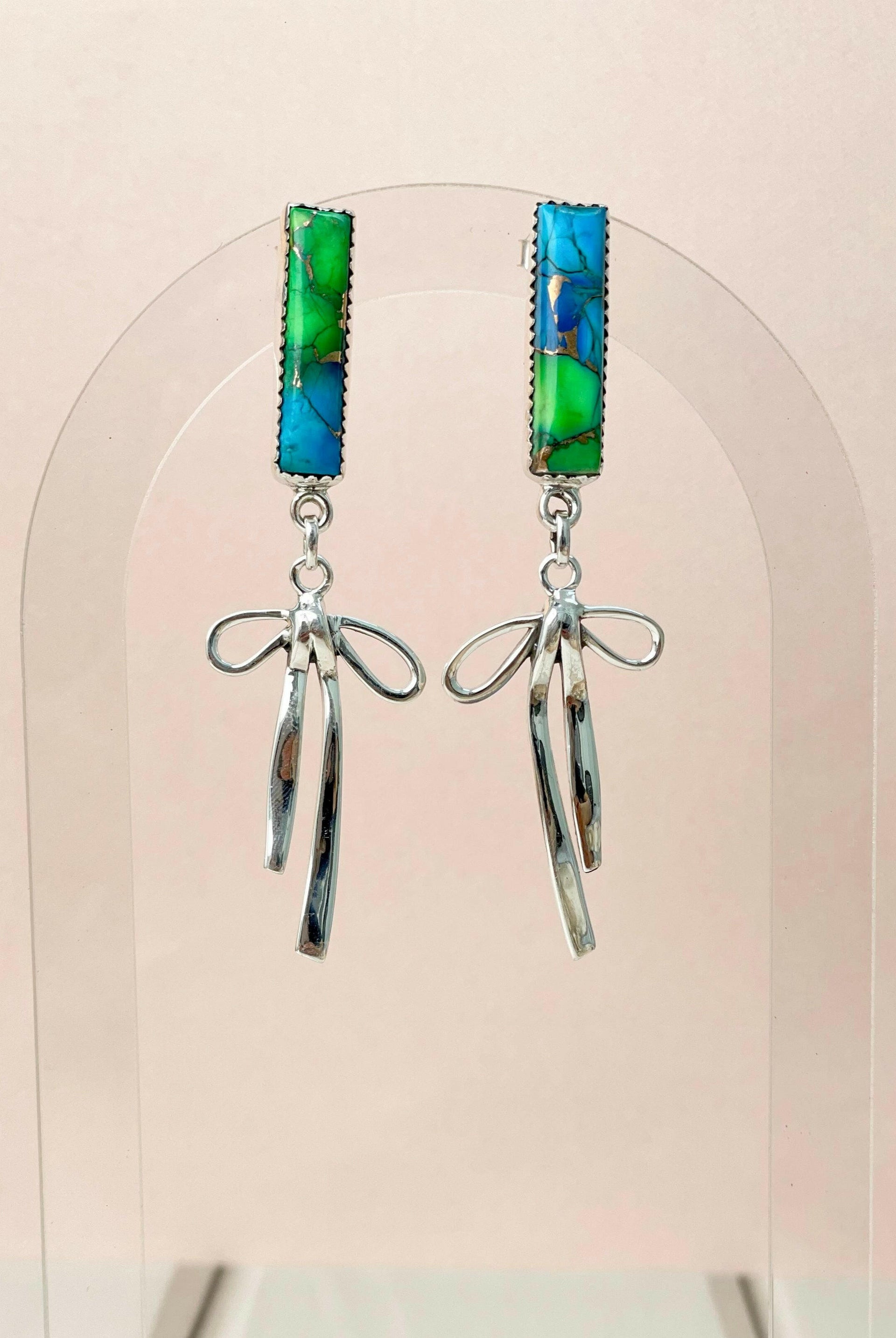 Peacock Dahlia Bar and Bow Earrings-Earrings-Krush Kandy, Women's Online Fashion Boutique Located in Phoenix, Arizona (Scottsdale Area)