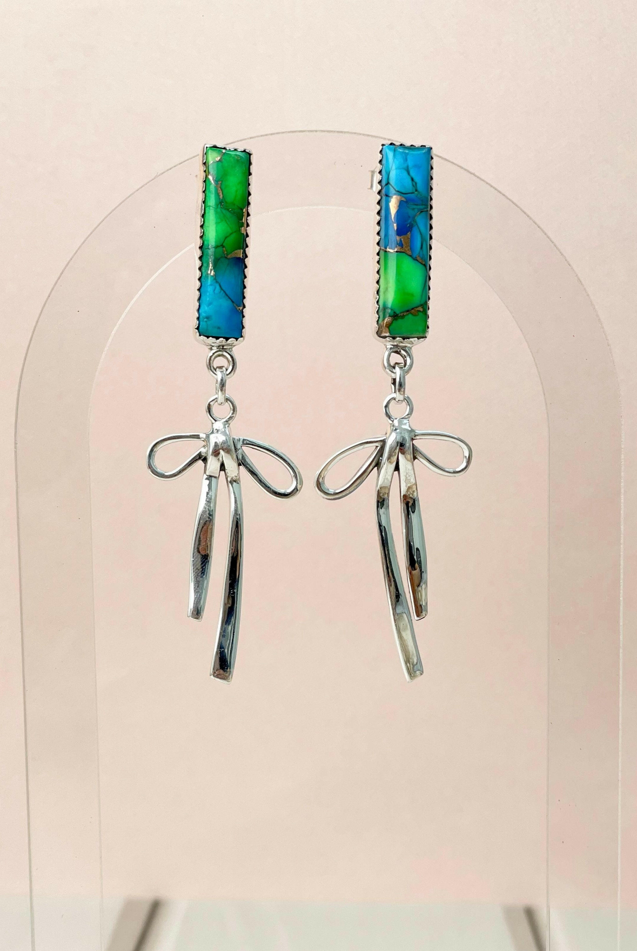 Peacock Dahlia Bar and Bow Earrings-Earrings-Krush Kandy, Women's Online Fashion Boutique Located in Phoenix, Arizona (Scottsdale Area)