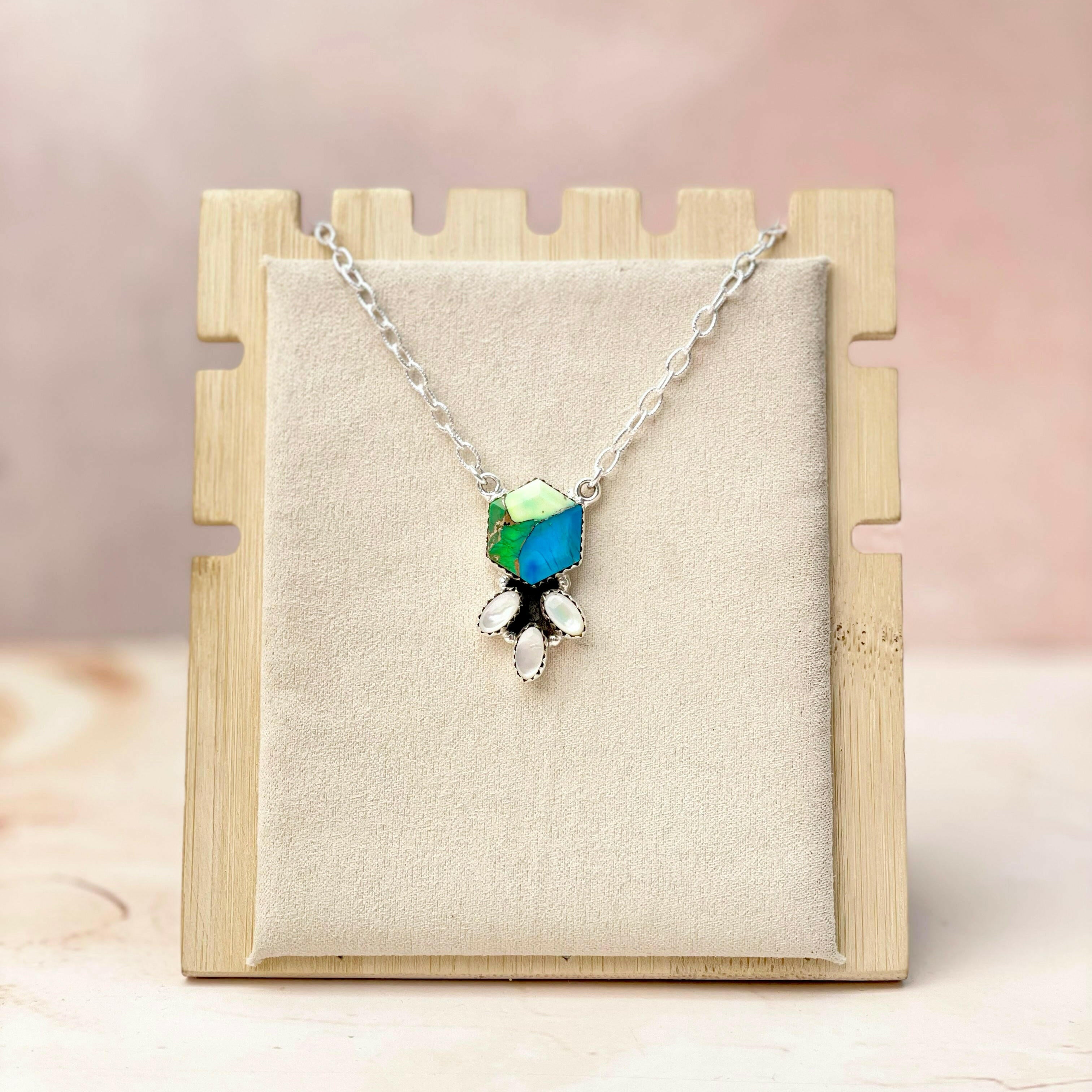 Hexagon Multi Gem & MOP Chain Pendants-Necklaces-Krush Kandy, Women's Online Fashion Boutique Located in Phoenix, Arizona (Scottsdale Area)