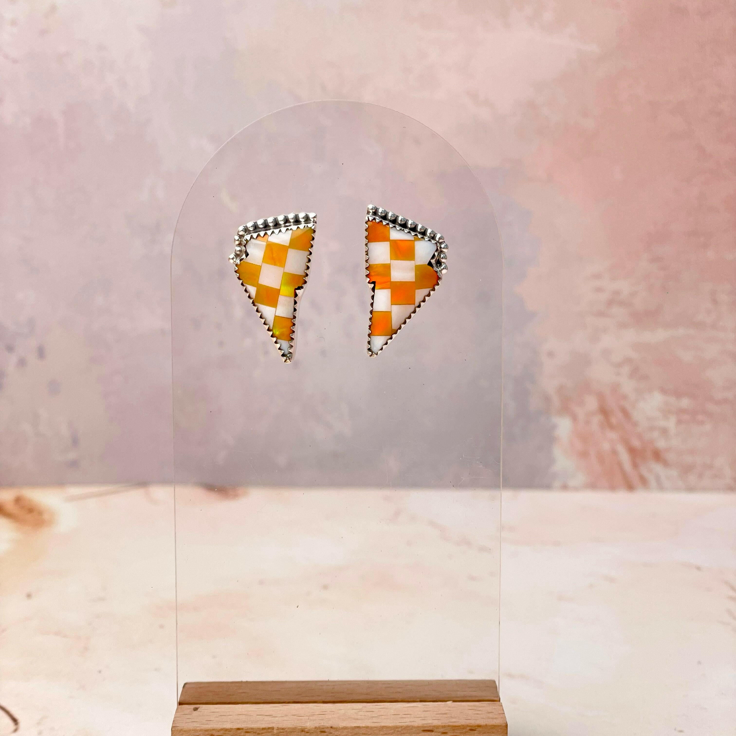 Orange Kandy Checkered Turquoise Bolt Studs-Earrings-Krush Kandy, Women's Online Fashion Boutique Located in Phoenix, Arizona (Scottsdale Area)