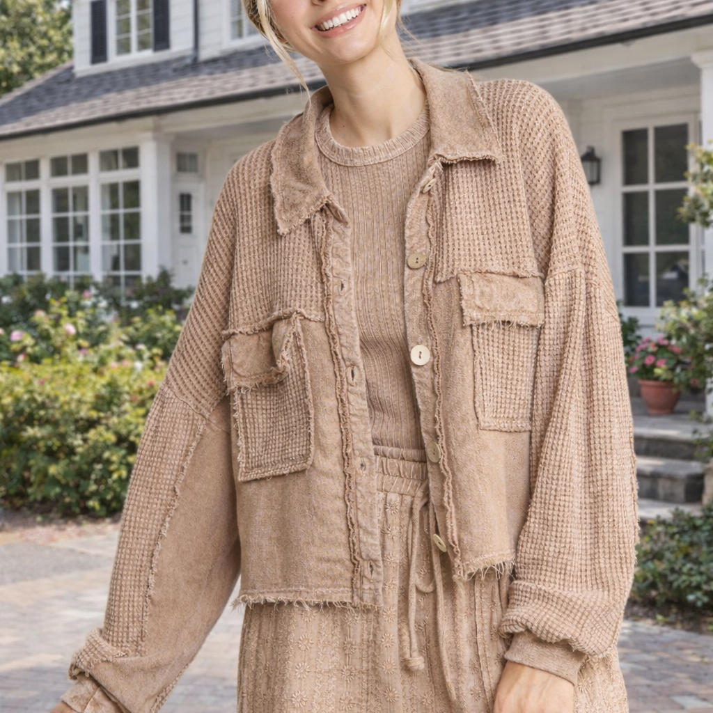 Mineral Wash Button Cropped Shacket