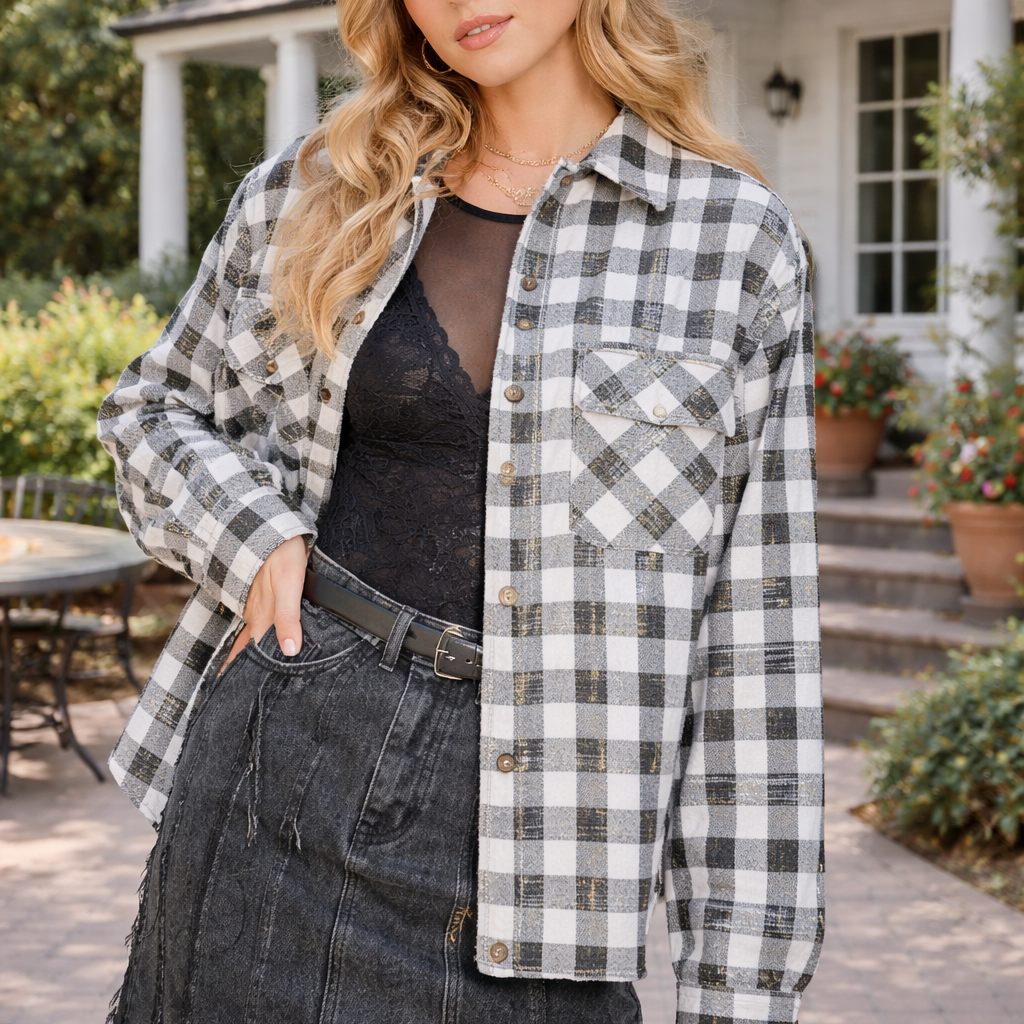 Gingham Sequin Pocket Sherpa Lined Jacket