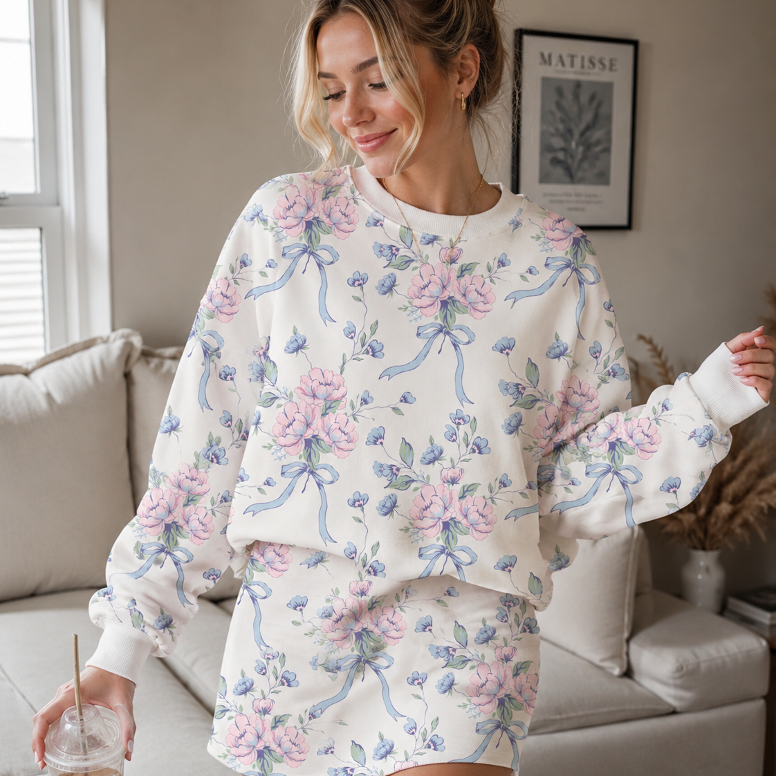 Petal Notes Floral Bow Sweatshirt & Skort Set