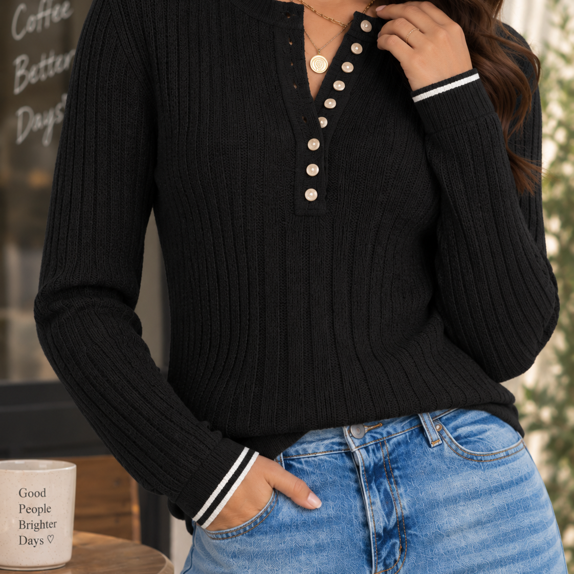 Sunday Edit Ribbed Henley Knit Sweater