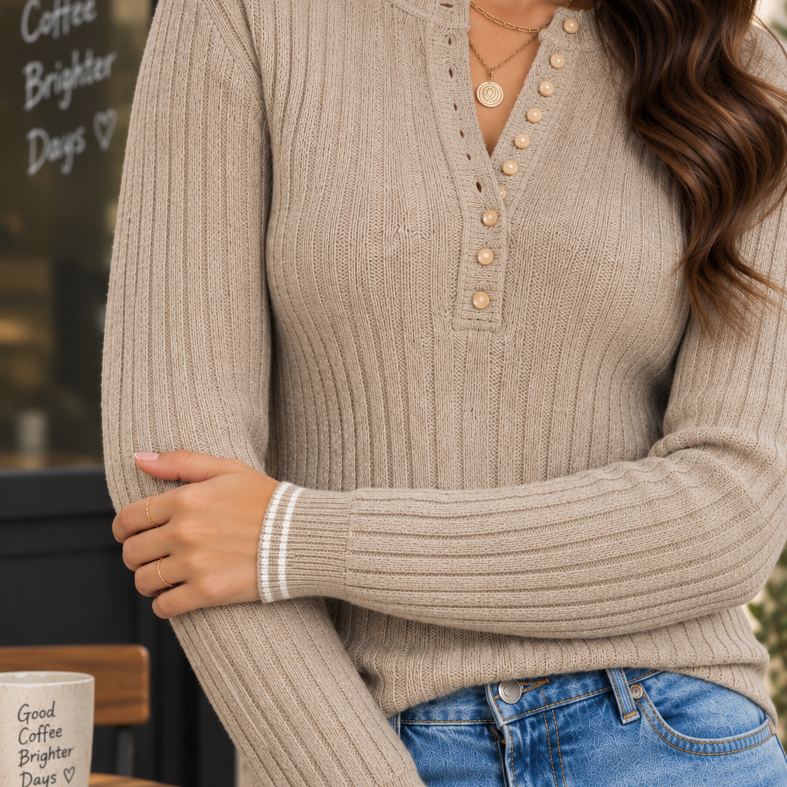 Sunday Edit Ribbed Henley Knit Sweater