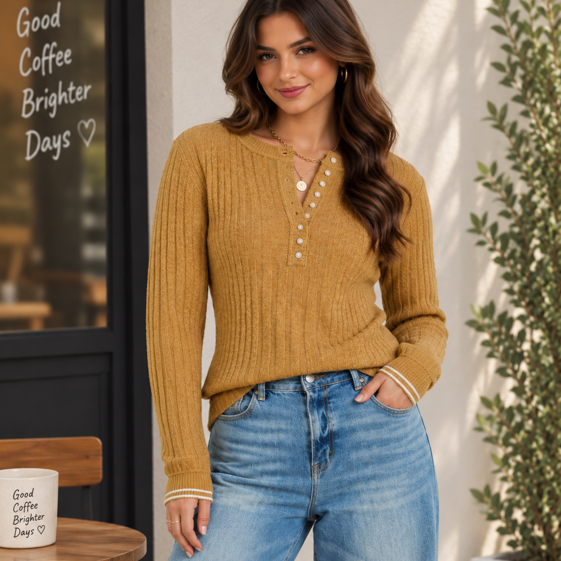 Sunday Edit Ribbed Henley Knit Sweater
