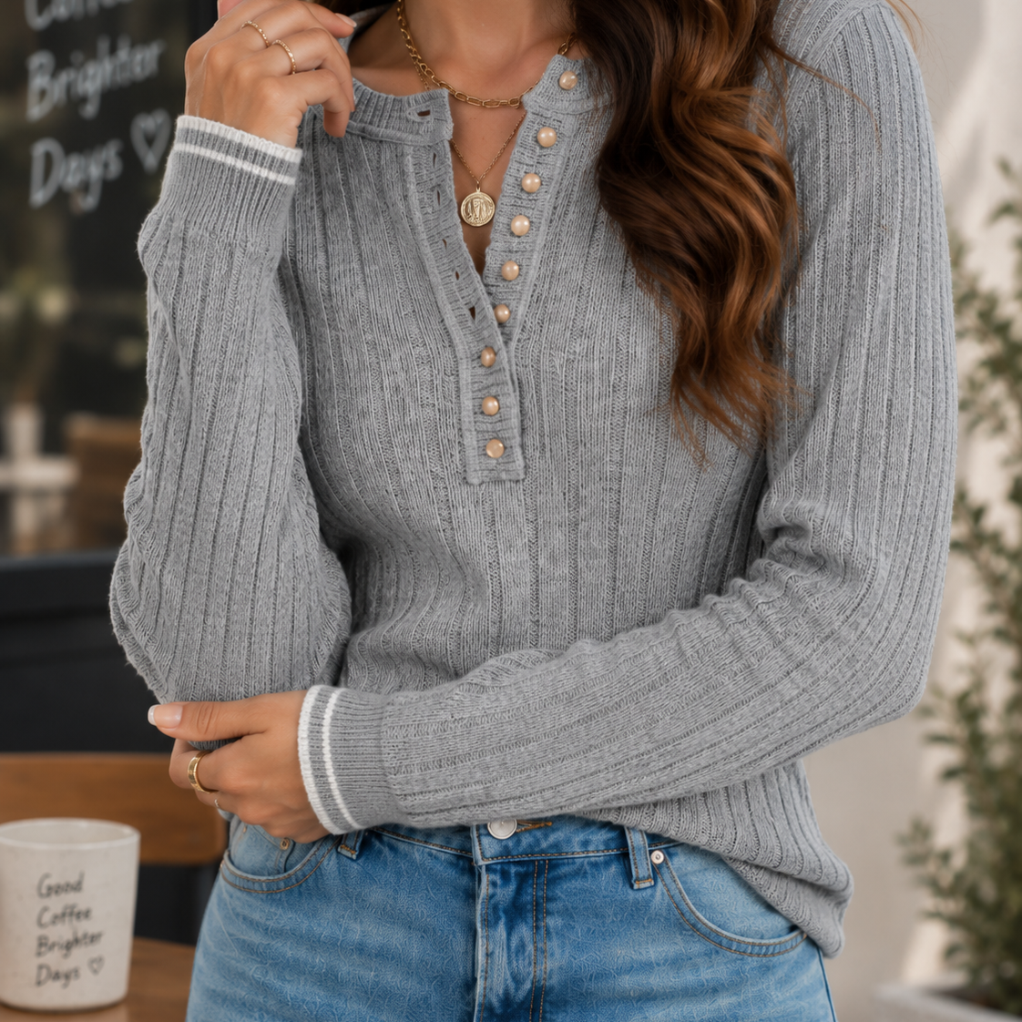 Sunday Edit Ribbed Henley Knit Sweater