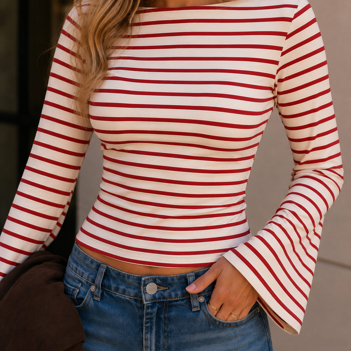 Line & Flow Striped Bell Sleeve Top