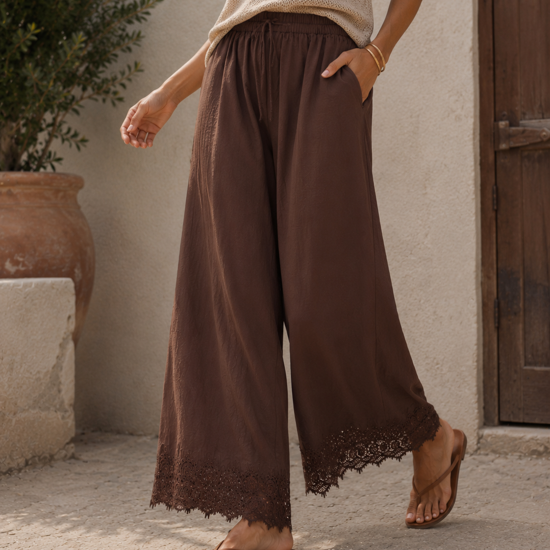 Boho Breeze Lace Hem Wide Leg Pants