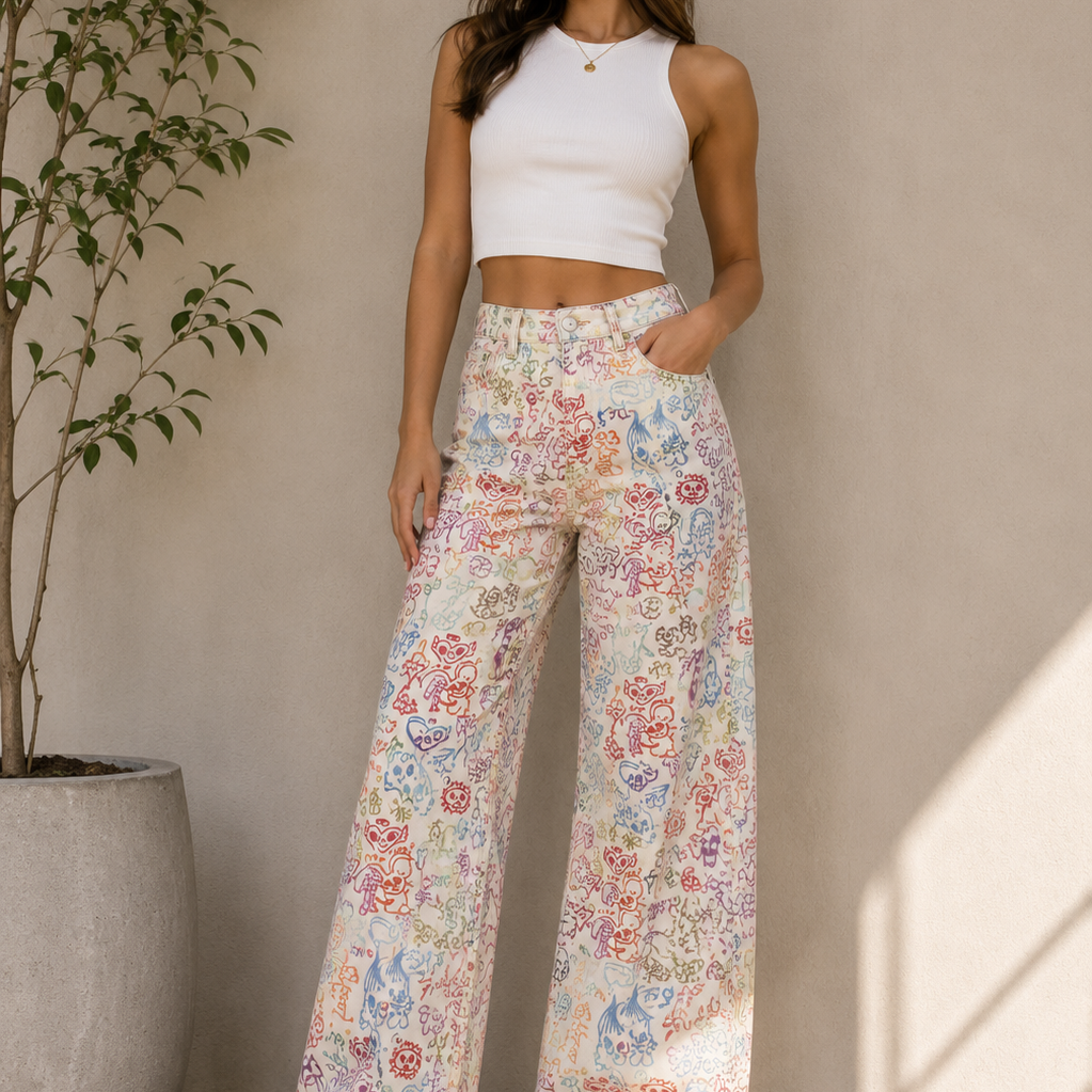 Printed Wide Leg Denim Pants