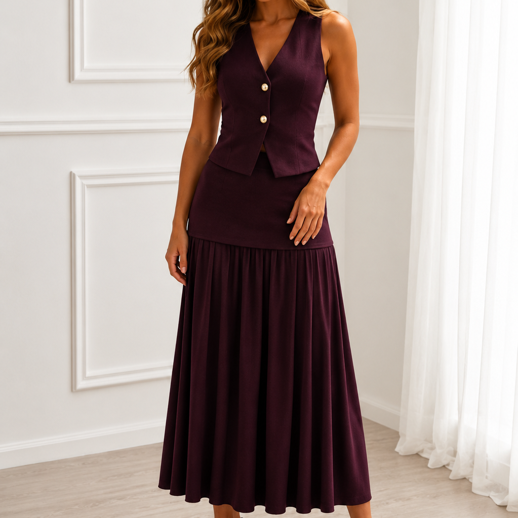 Modern Muse Vest & Pleated Midi Skirt Set