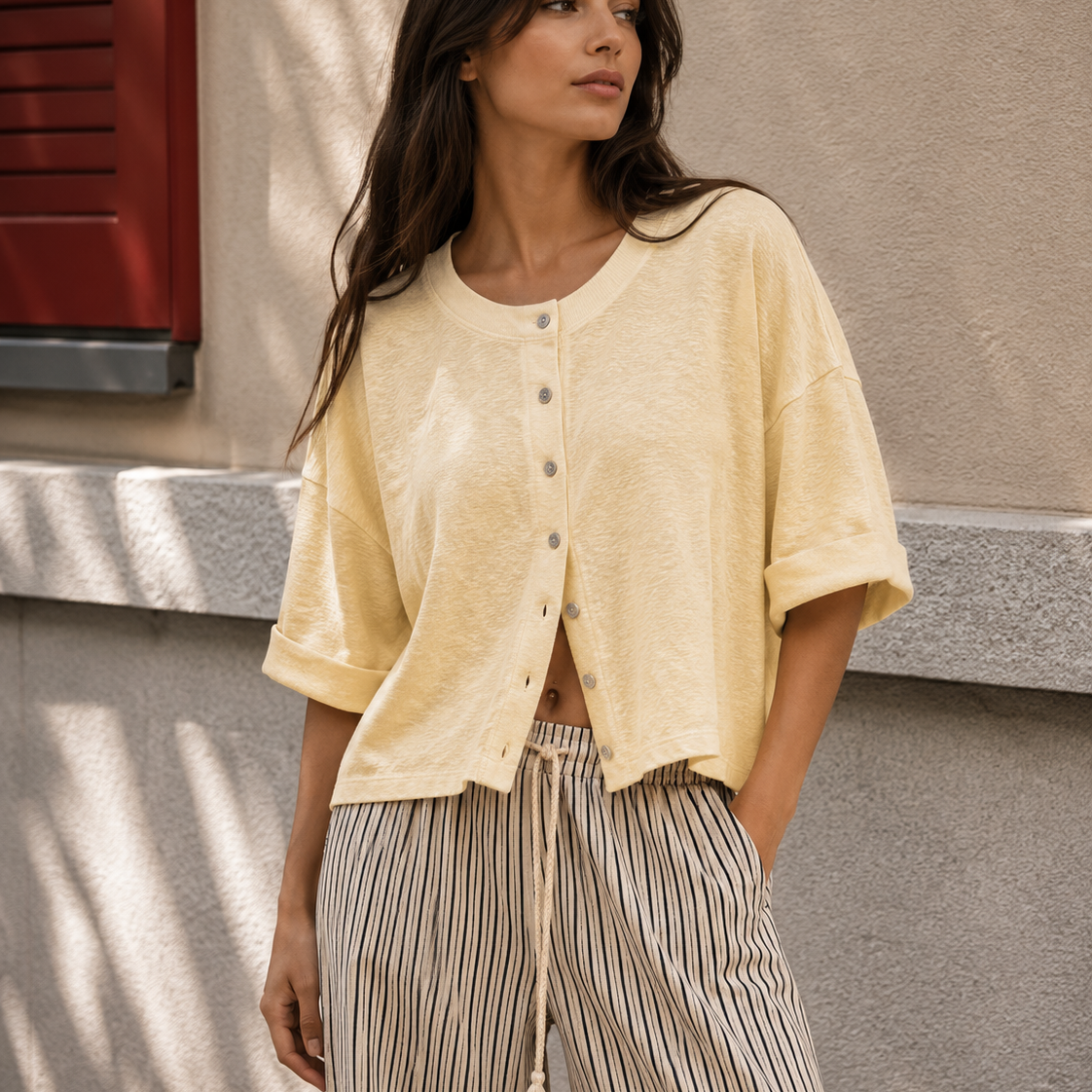 Relaxed Linen Blend Button Front Cardigan