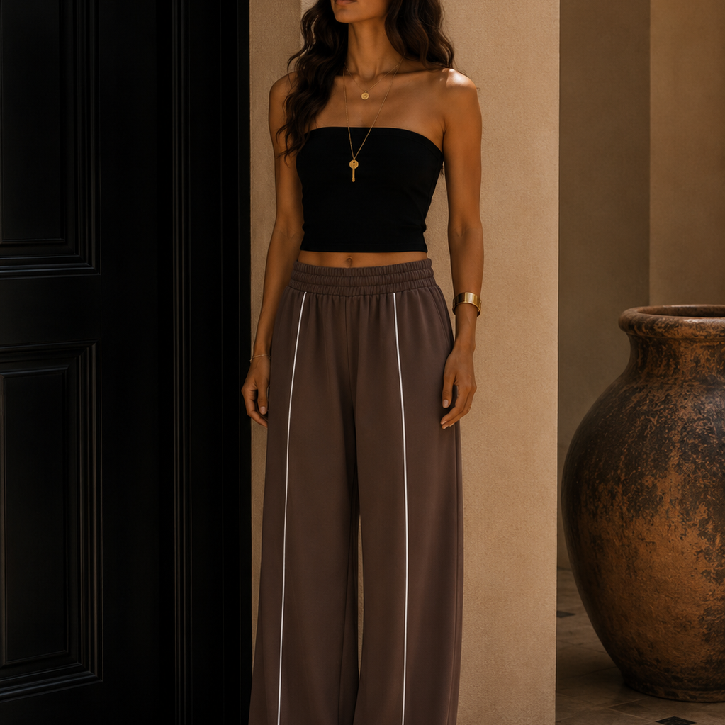 Black Contrast Piping Wide Leg Pants