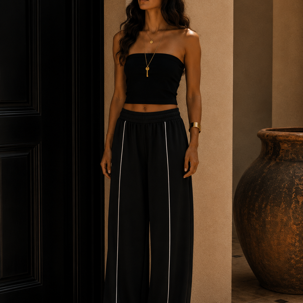 Black Contrast Piping Wide Leg Pants