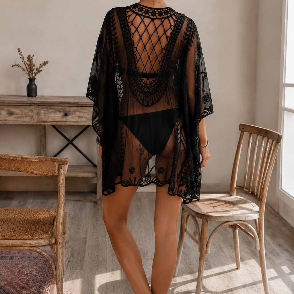 Boho Lace Mesh Swim Cover Up Kimono