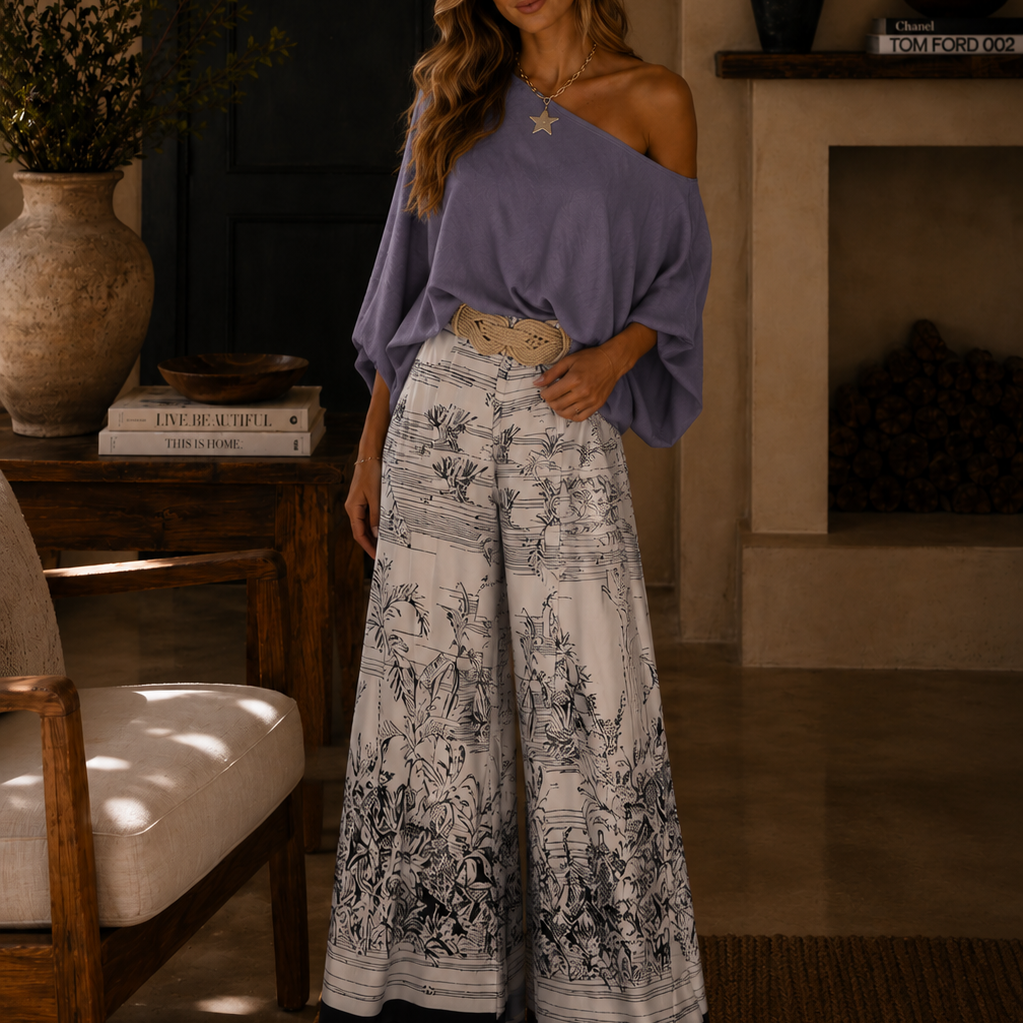Scenic Print Wide Leg Palazzo Pants