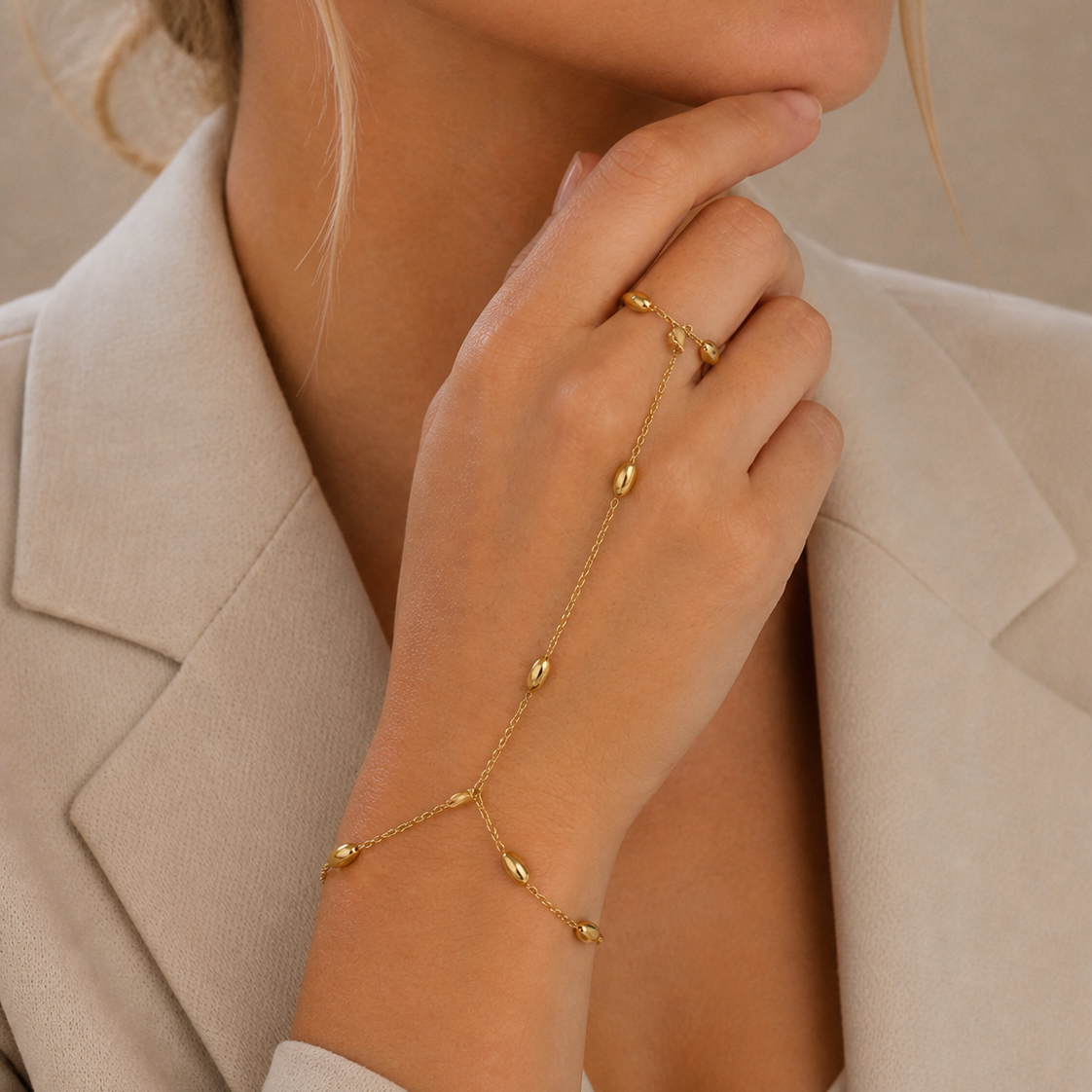 Beaded Gold Hand Chain Bracelet