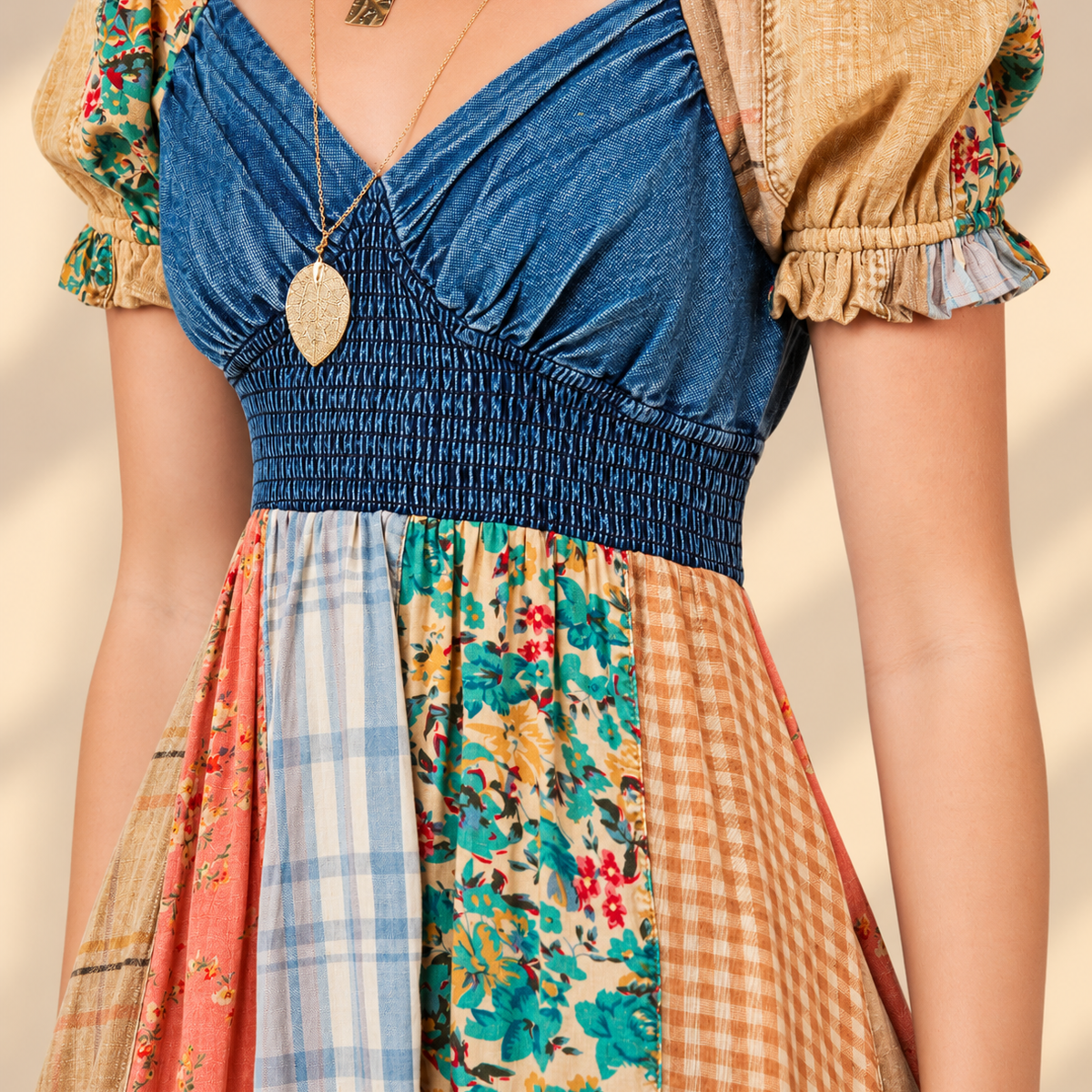 Boho Denim Patchwork Midi Dress