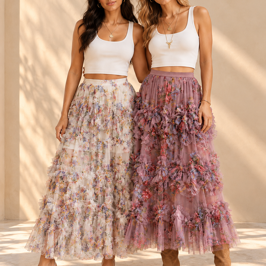 Floral Ruffled Mesh Midi Skirt