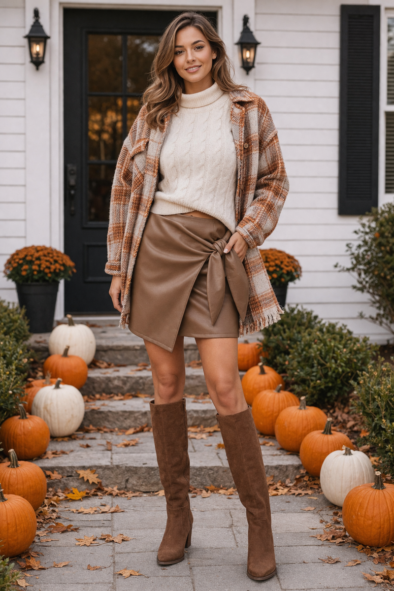 Coffee Faux Leather Knot Skirt | Trendy Fall Mini Skirt – Krush Kandy