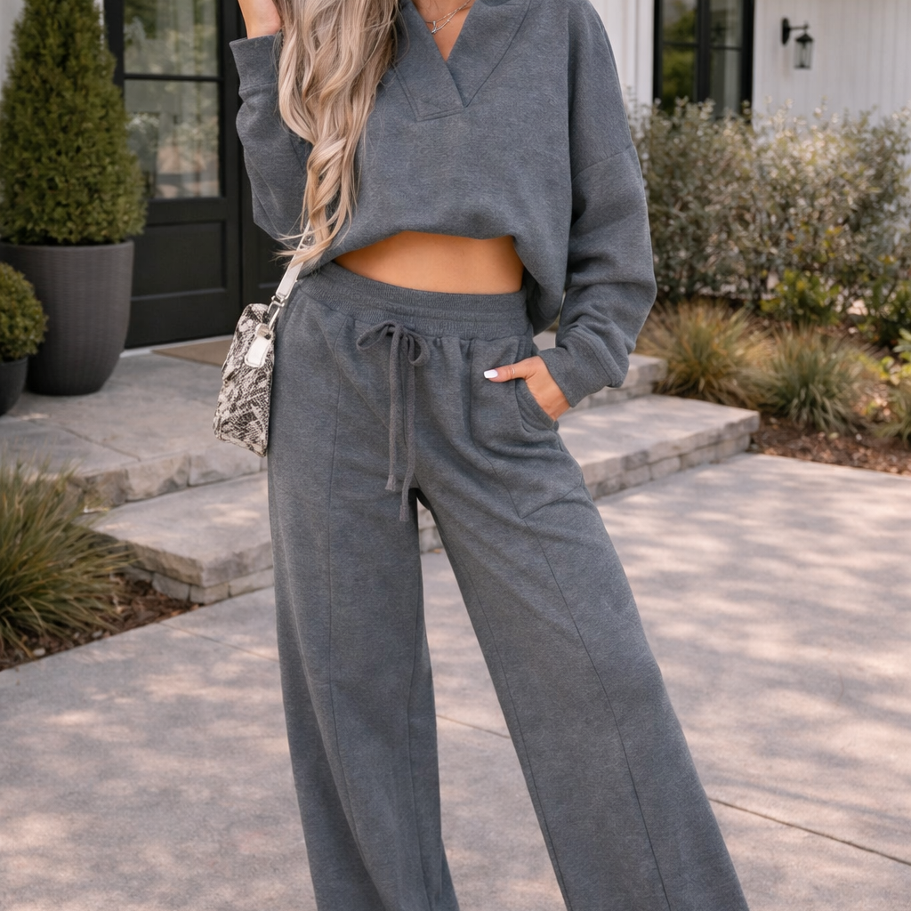 Jet Set Collared V Neck Pullover Sweatshirt Sweatpants Set
