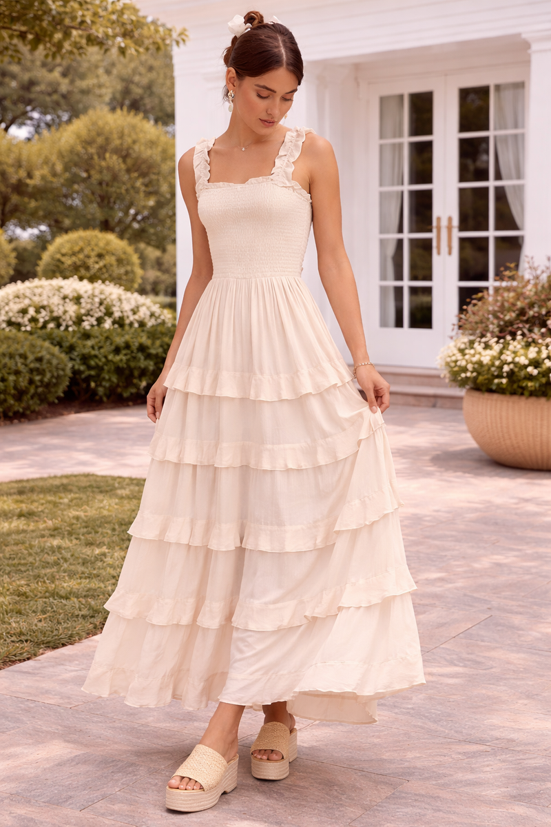 knee length dresses for ladies Open Back Smocked Ruffle Tier Maxi Dress – Krush Kandy