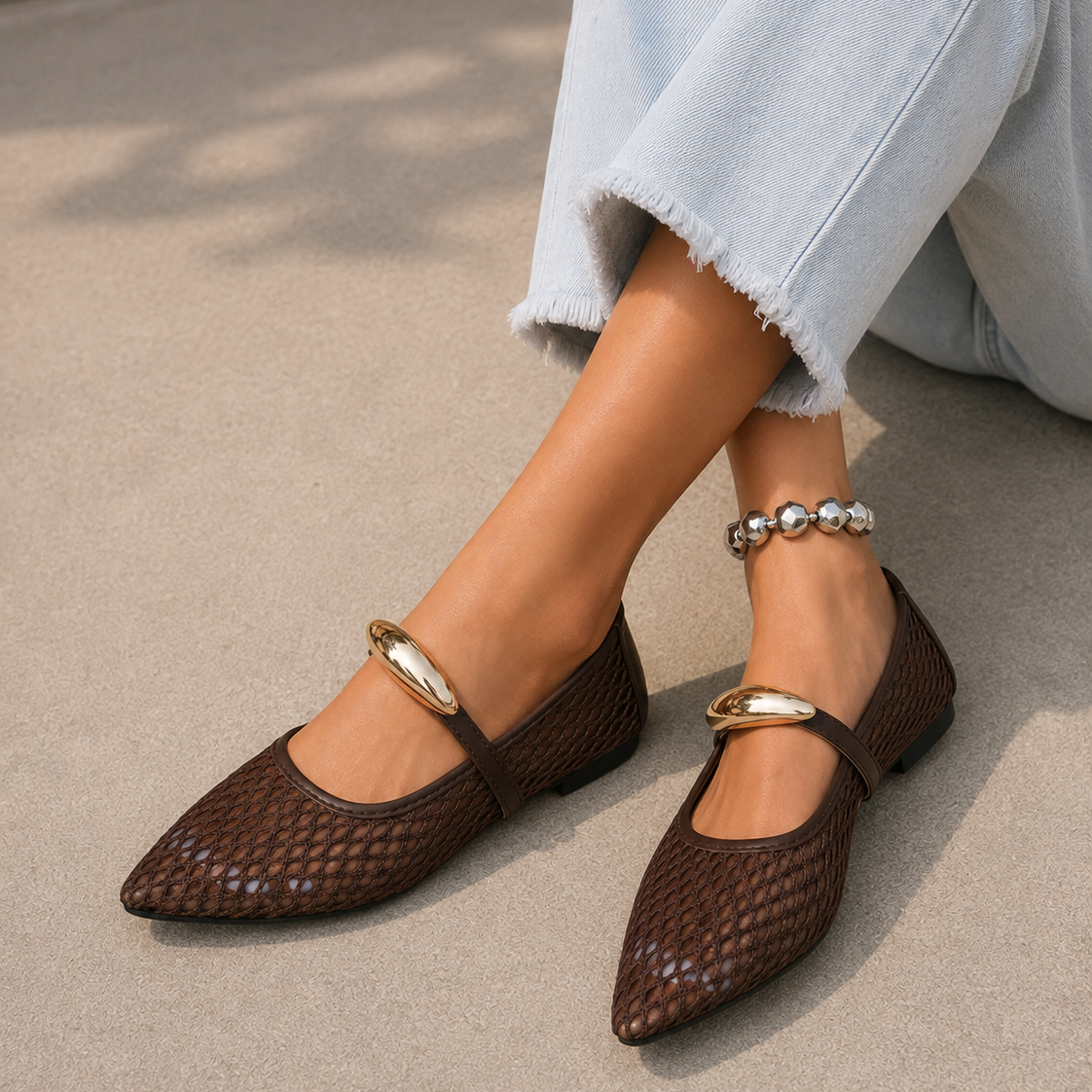 Elegant Mesh Pointed Toe Mary Jane Flats
