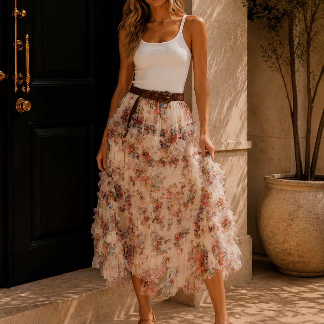 Floral Ruffled Mesh Midi Skirt
