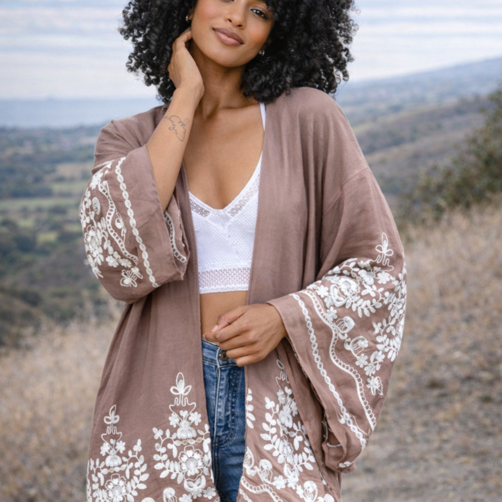 Embroidered Floral Vine Lightweight Kimono