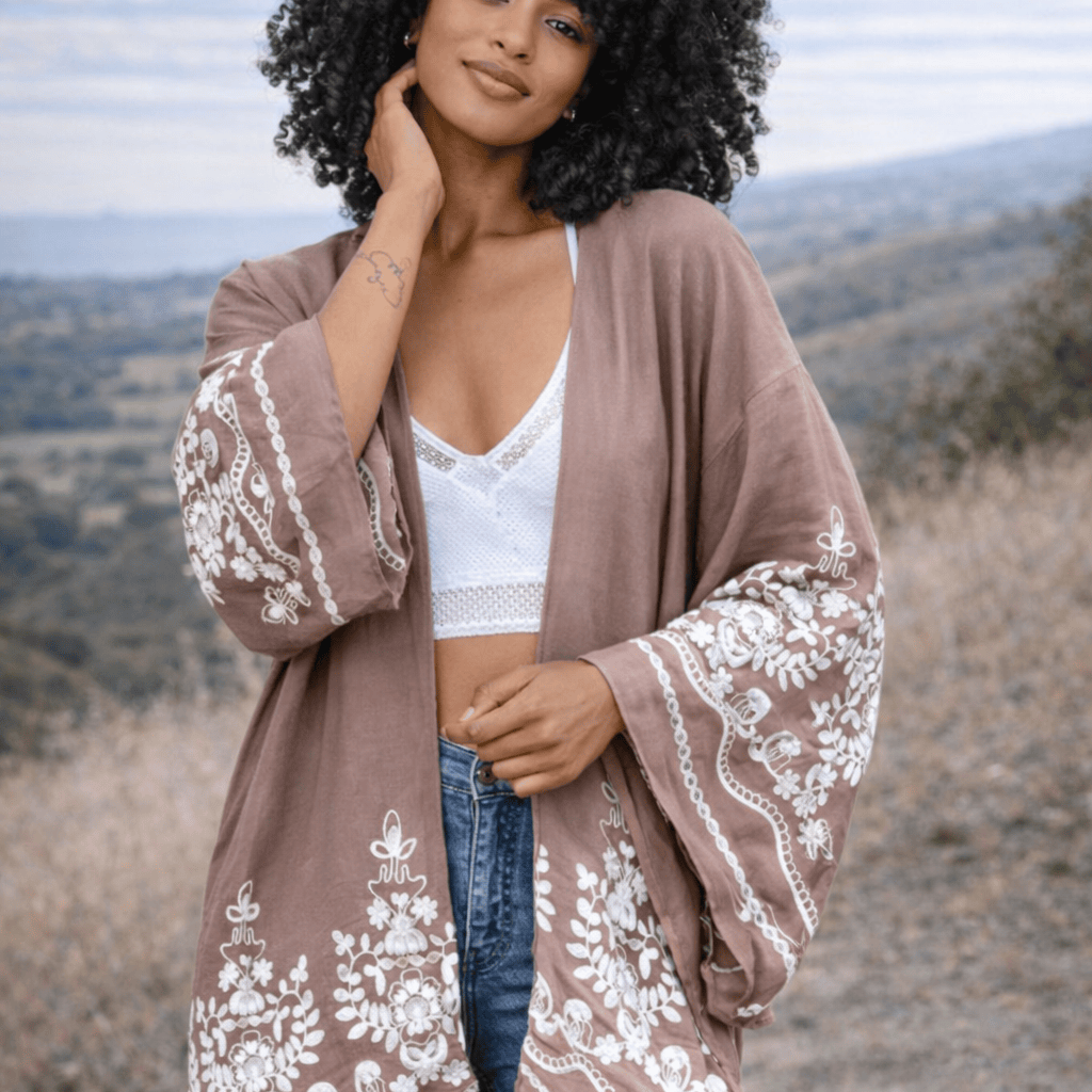 Embroidered Floral Vine Lightweight Kimono