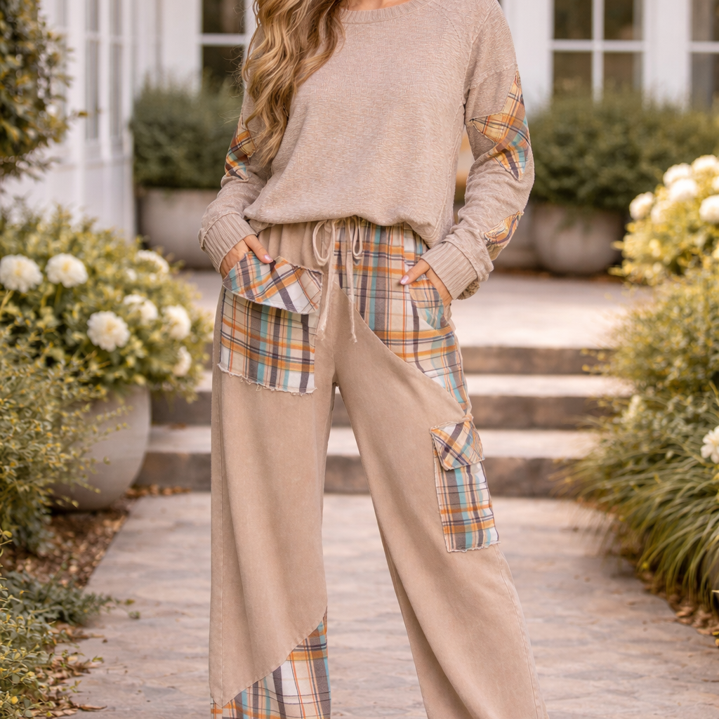 J.HER Mineral Wash Plaid Patched Straight Terry Pants