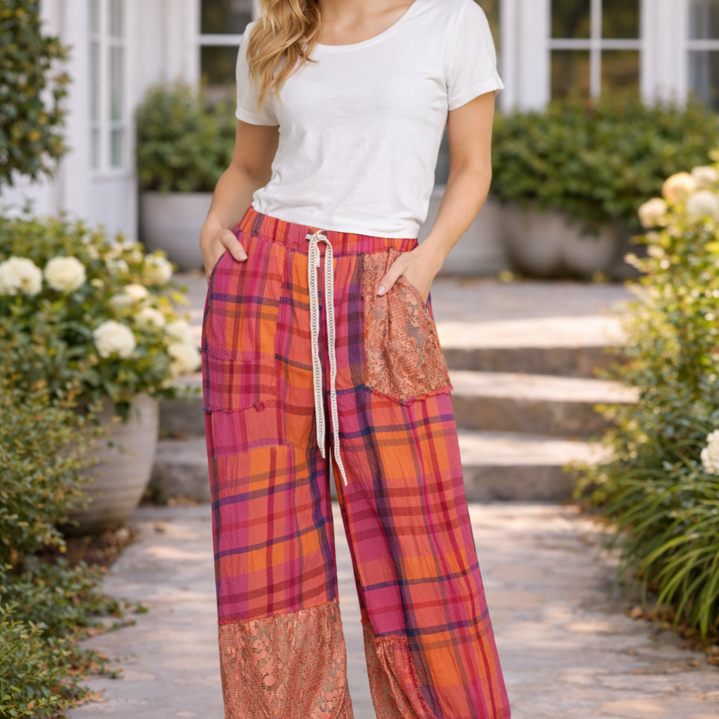 POL Plaid Pattern Raw Edge Woven Jogger Pants