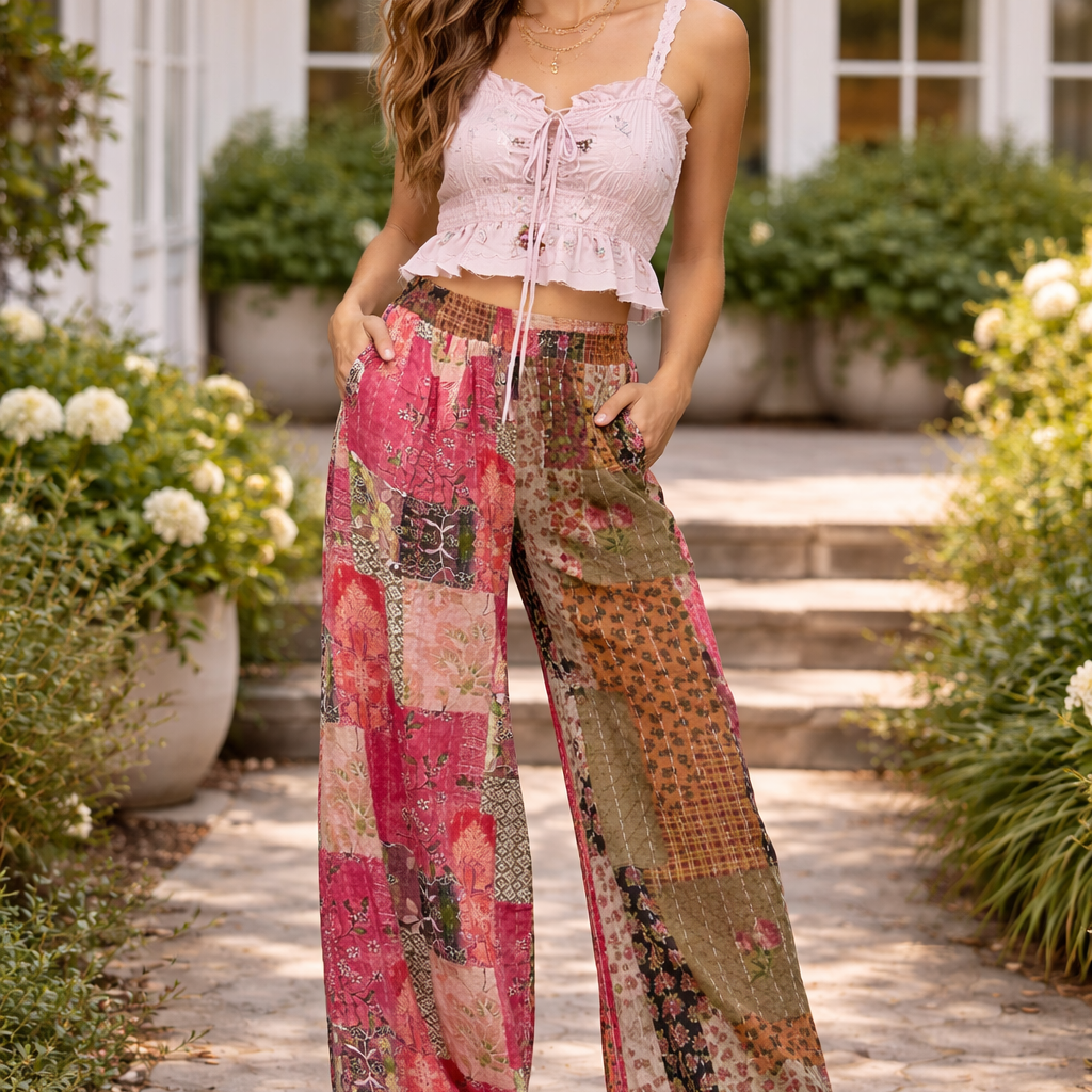 Hand Stitch Accents Varied Printed Woven Pants