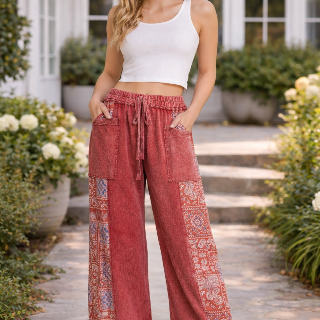 J.HER Mineral Wash Bandana Paisley Cropped Pants