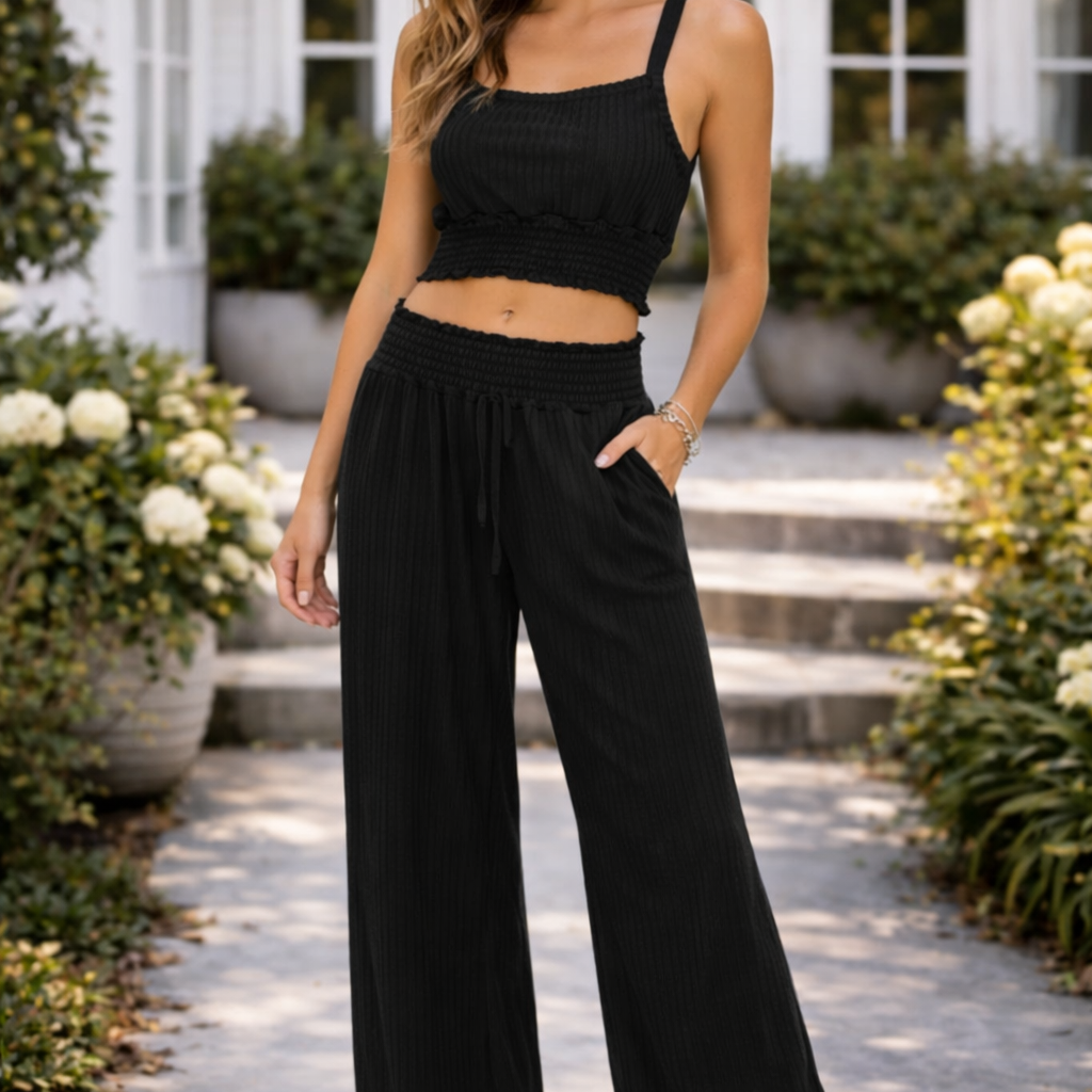 Mono B Smocked Waistband Ribbed Wide Leg Pants