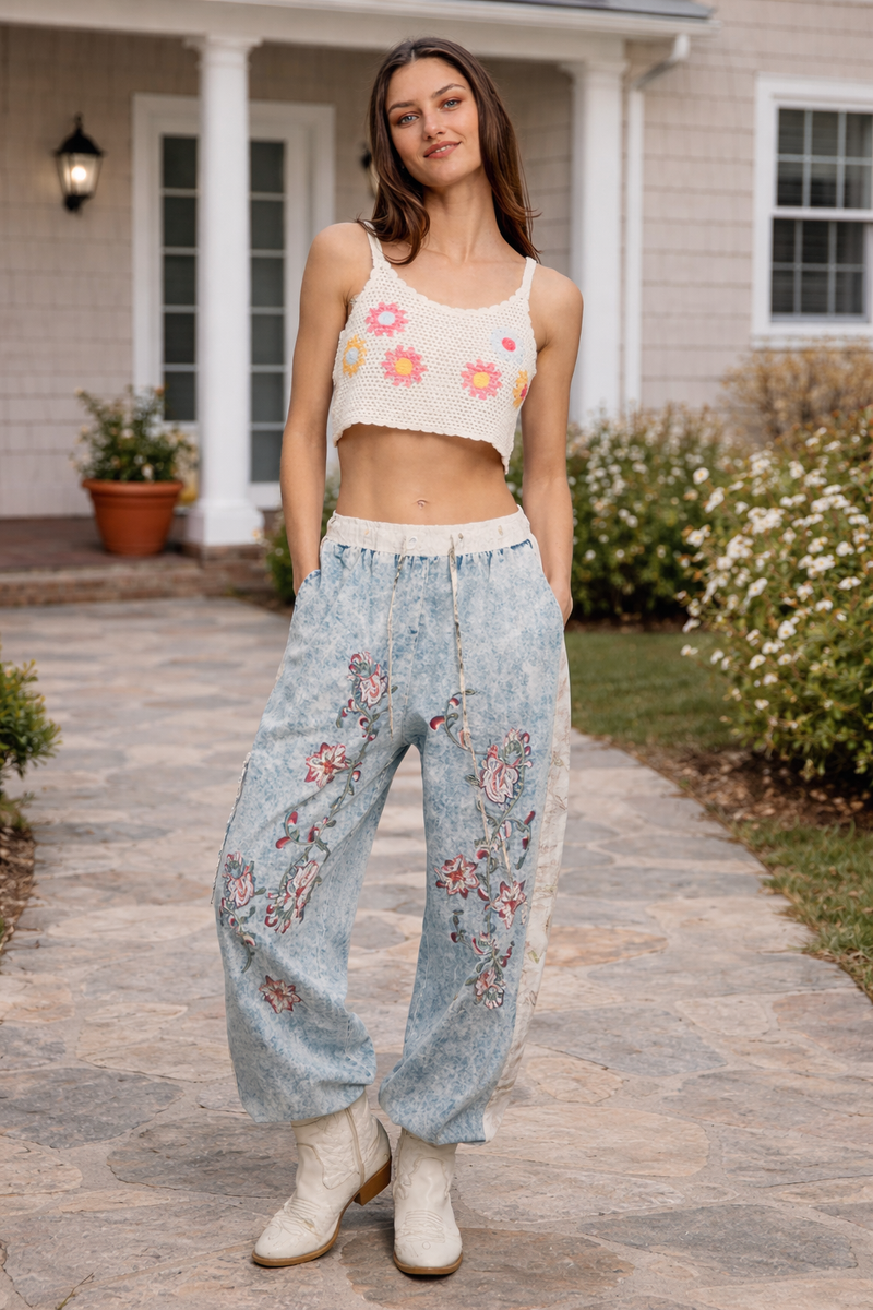 Floral Patch Denim Joggers | Vintage Wash Statement Pants | Krush