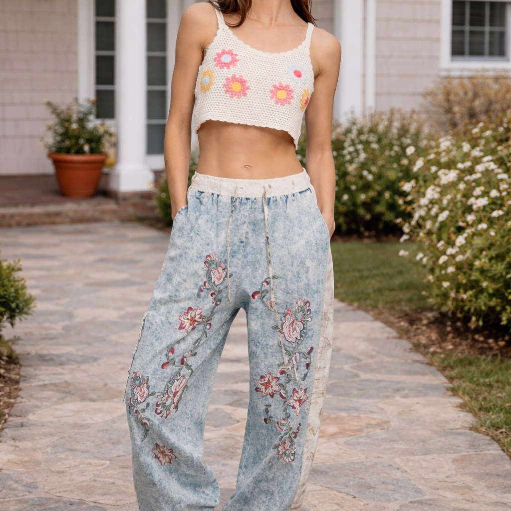 Floral Embroidery Print Patch Denim Jogger Pants