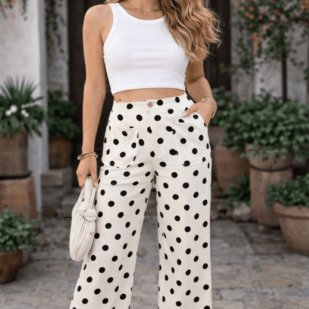Polka Dot Print Patched Pocket Mid-rise Straight Leg Pants